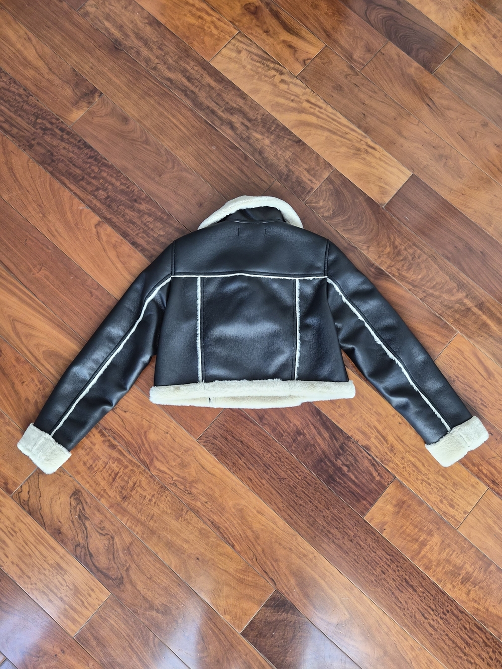 Forever 21 Cropped Faux Fur Moto Jacket Black/Cream XS - Picture 10 of 14